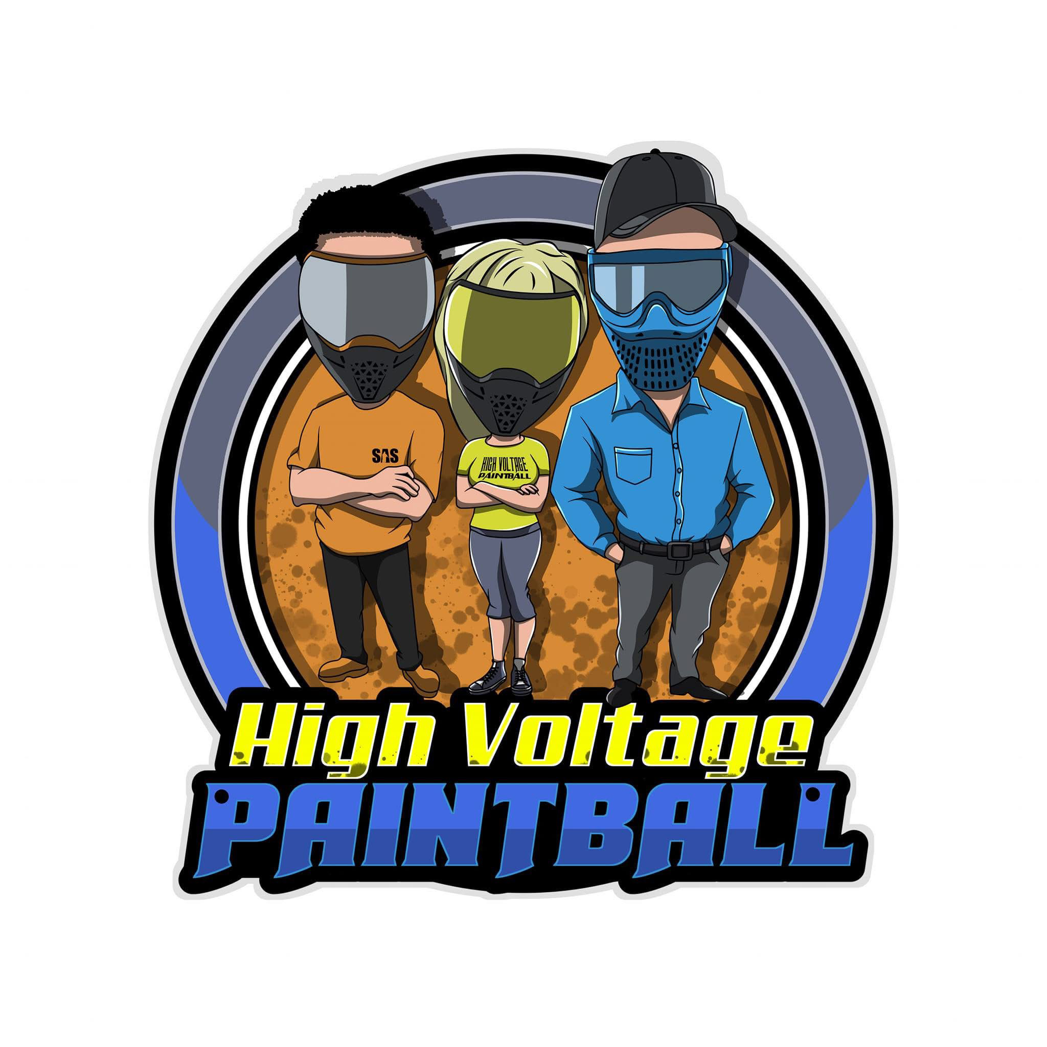 Logotipo de High Voltage Paintball, con tres personajes ilustrados vestidos con equipo de paintball.