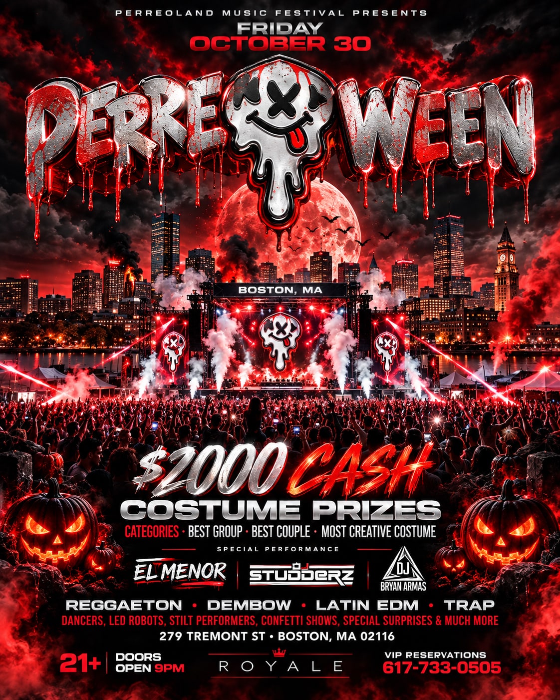 Cartel de Perreoween, presentado por PerreoLand Music Festival: viernes 30 de octubre de 2026, Royale, 279 Tremont St, Boston, MA — con presentaciones especiales de El Menor, Studderz y DJ Bryan Armas